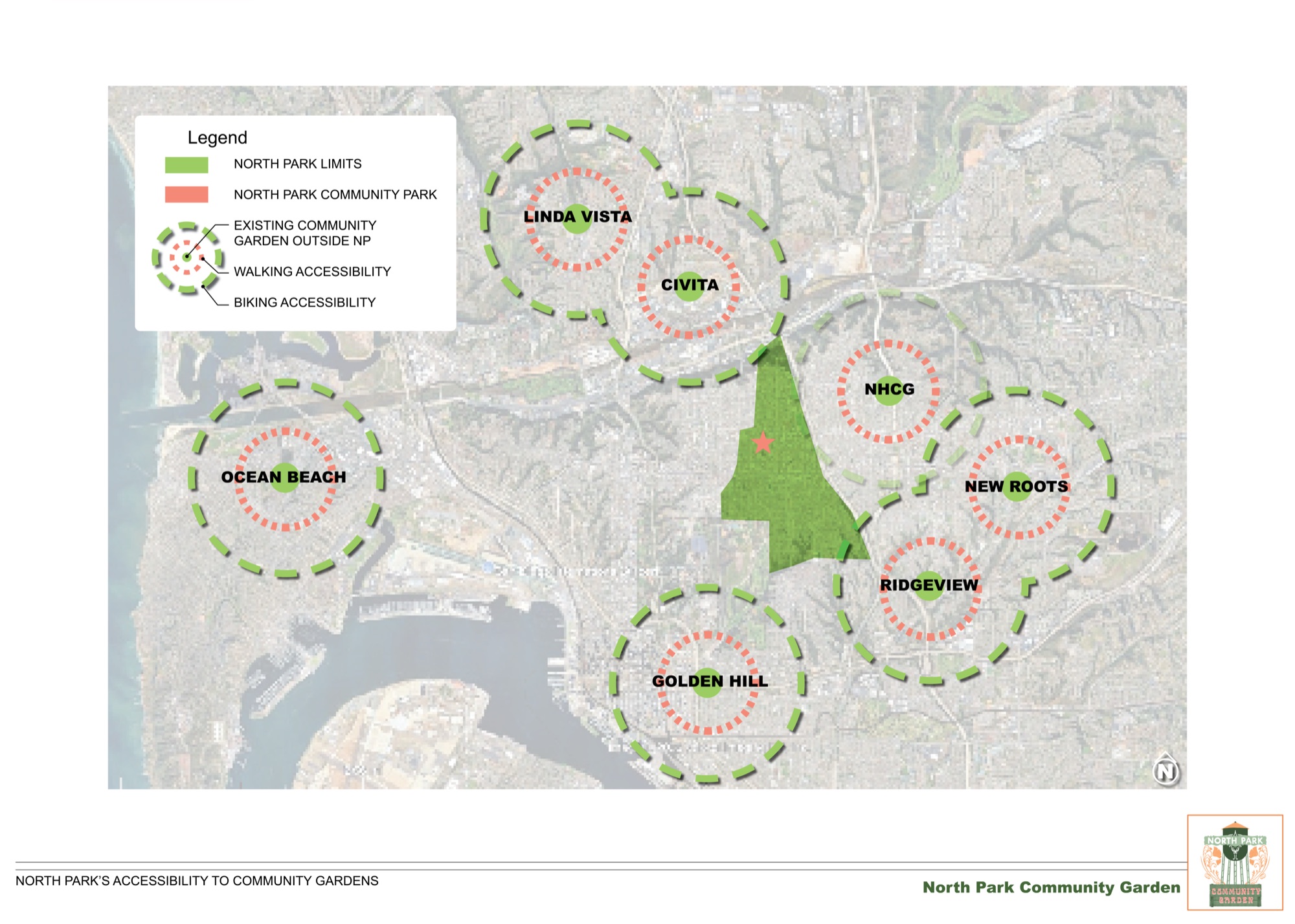 Map of North Park's walking and biking accessibility to existing community gardens