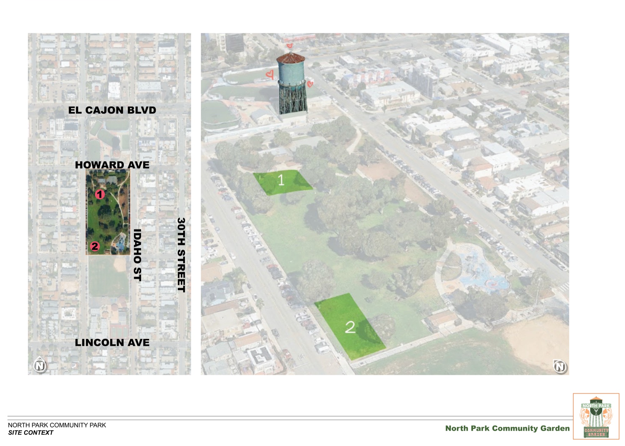 Site context map of North Park Community Park showing the two garden location options